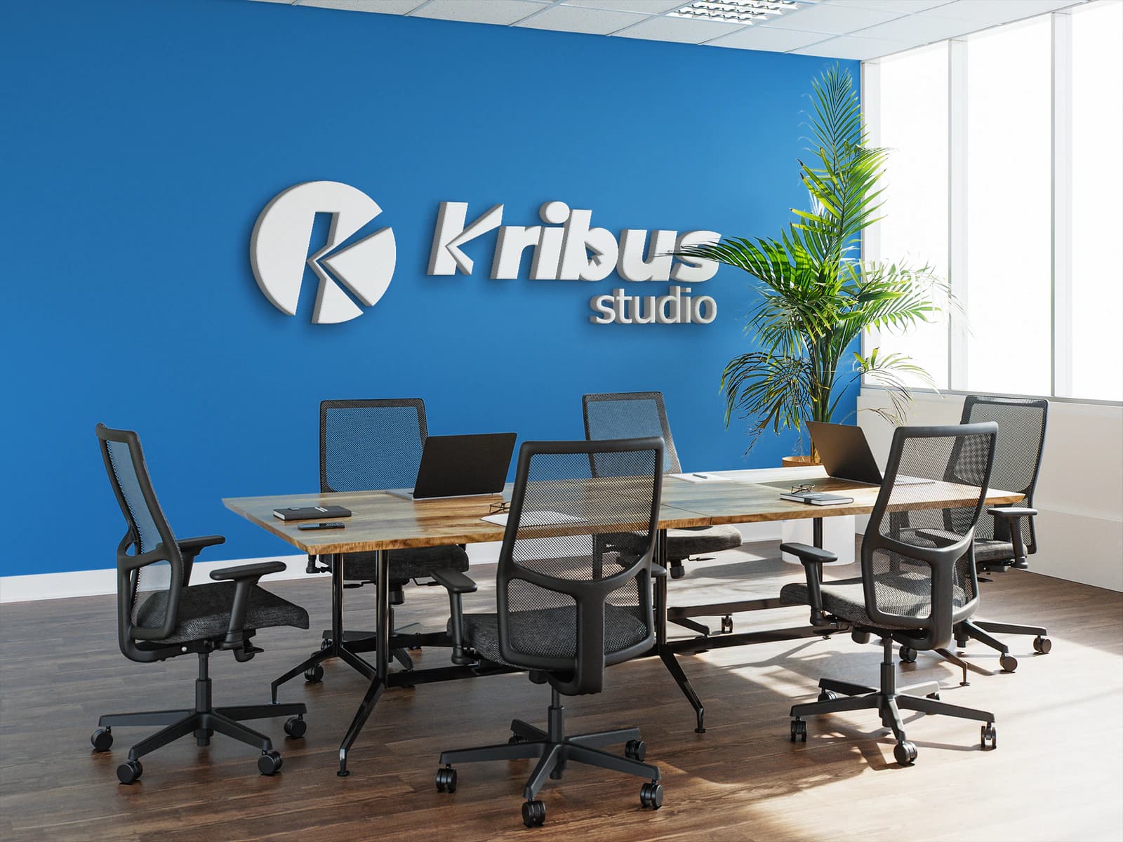 Logo Kribus Studio na ścianie biura — projekt identyfikacji wizualnej WUYO, Rzeszów